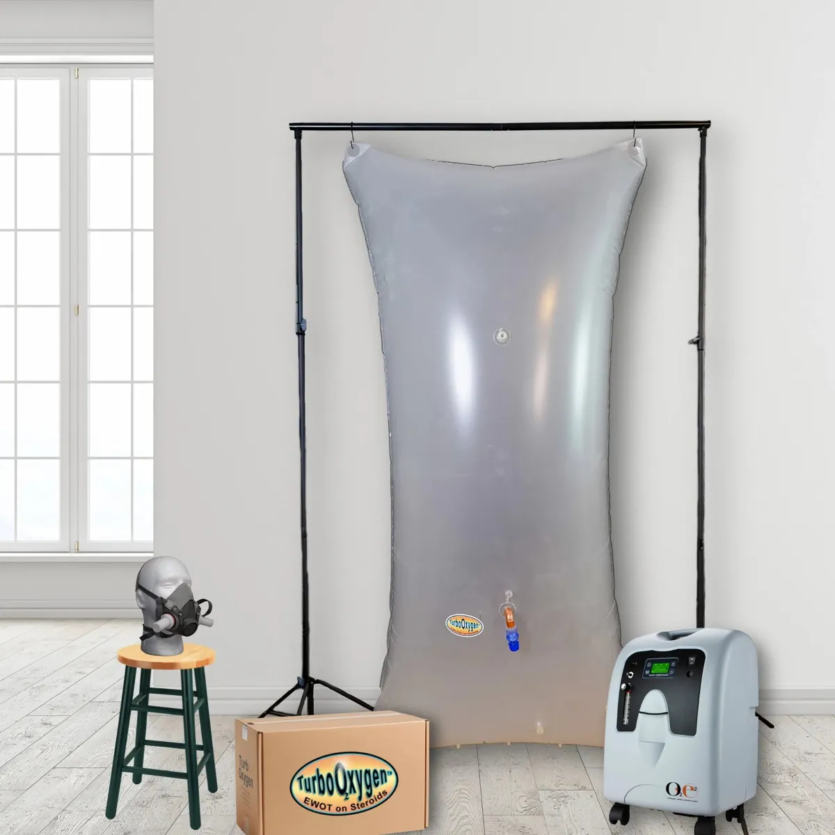 Turbo Oxygen EWOT System with reservoir bag, stand, oxygen concentrator and mask